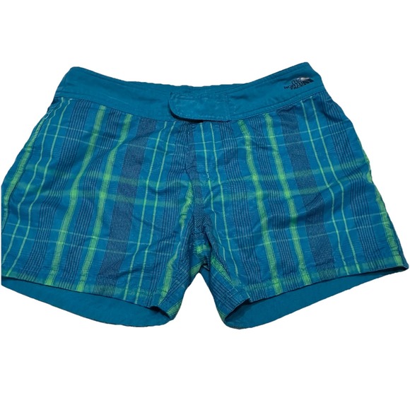 The North Face Board Shorts Women 4 Reversible Blue Plaid Lightweight Beach Surf - Picture 1 of 16